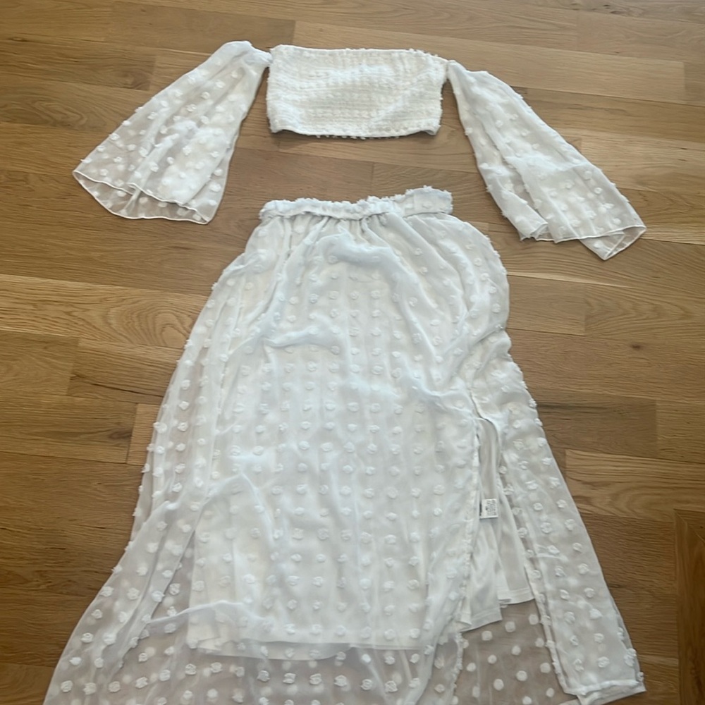 Shein white slowly off the shoulder top and maxi skirt